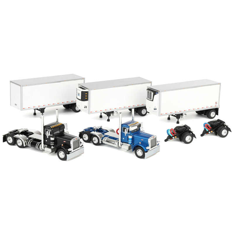 1/64 Set of 2 Peterbilt 379 Semi Trucks (Blue & Black) with 3 Pup Trailers & 2 Dollies, DCP by First Gear