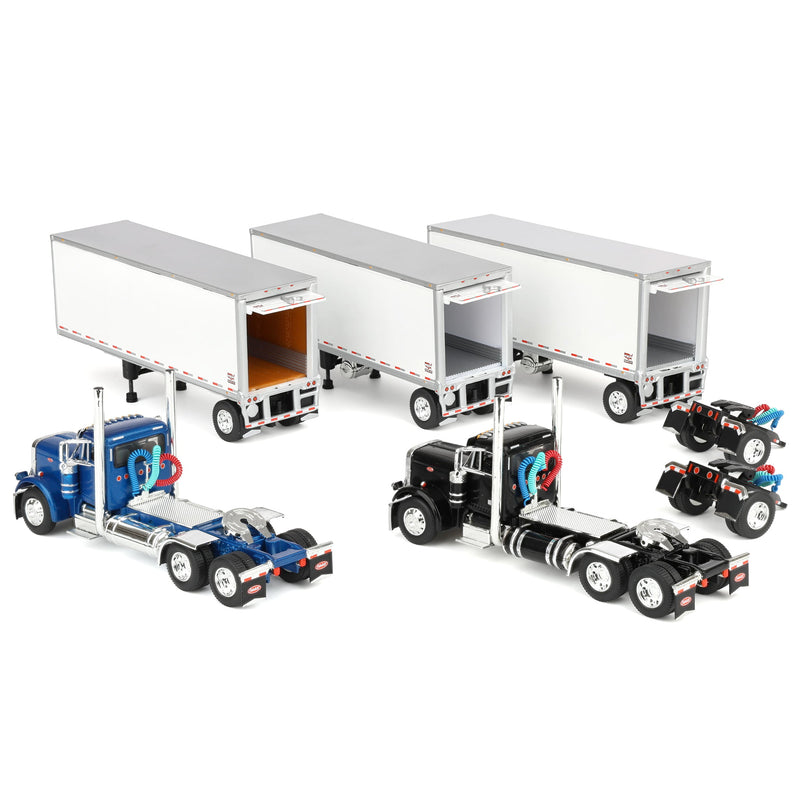 1/64 Set of 2 Peterbilt 379 Semi Trucks (Blue & Black) with 3 Pup Trailers & 2 Dollies, DCP by First Gear