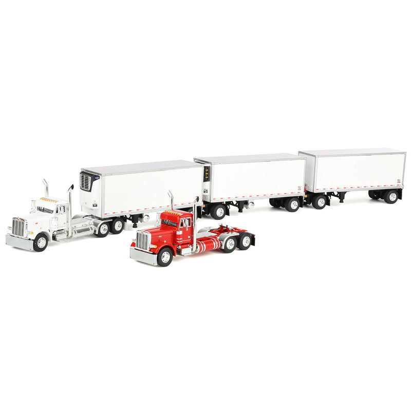 1/64 Set of 2 Peterbilt 379 Semi Trucks (Red & White) with 3 Pup Trailers & 2 Dollies, DCP by First Gear