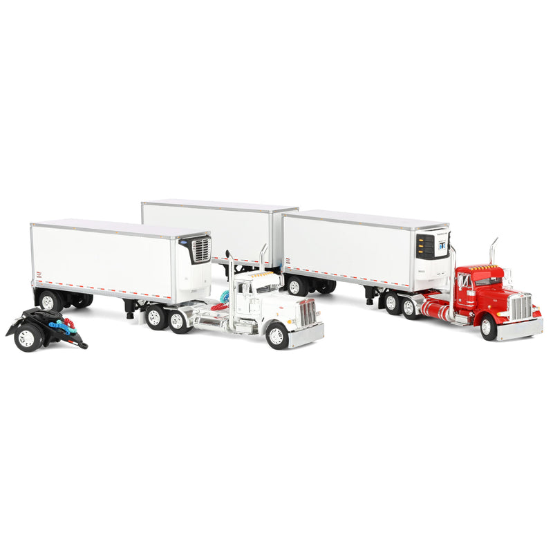 1/64 Set of 2 Peterbilt 379 Semi Trucks (Red & White) with 3 Pup Trailers & 2 Dollies, DCP by First Gear