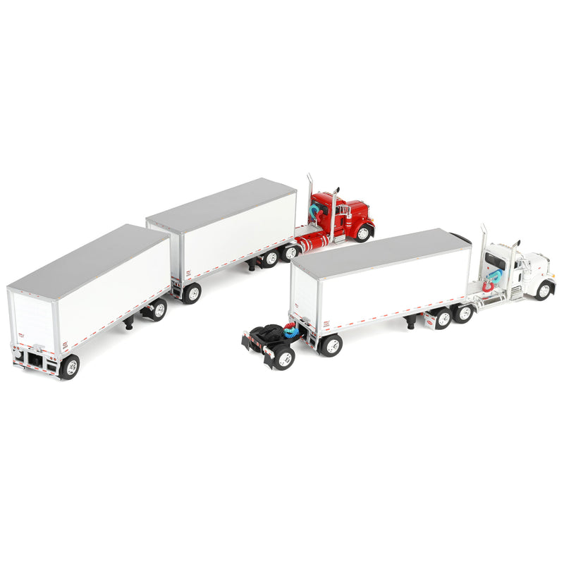 1/64 Set of 2 Peterbilt 379 Semi Trucks (Red & White) with 3 Pup Trailers & 2 Dollies, DCP by First Gear