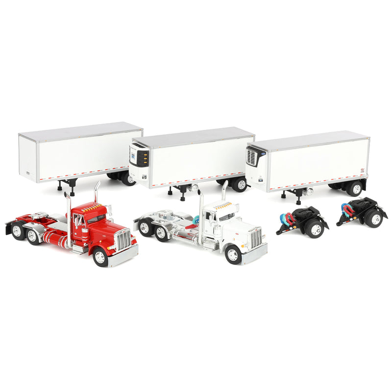 1/64 Set of 2 Peterbilt 379 Semi Trucks (Red & White) with 3 Pup Trailers & 2 Dollies, DCP by First Gear