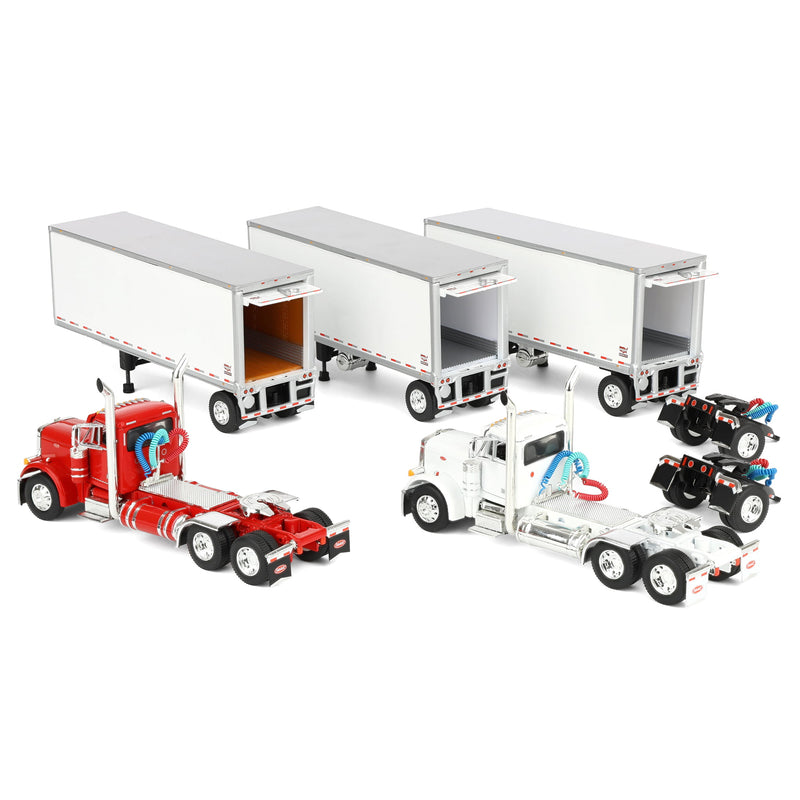 1/64 Set of 2 Peterbilt 379 Semi Trucks (Red & White) with 3 Pup Trailers & 2 Dollies, DCP by First Gear