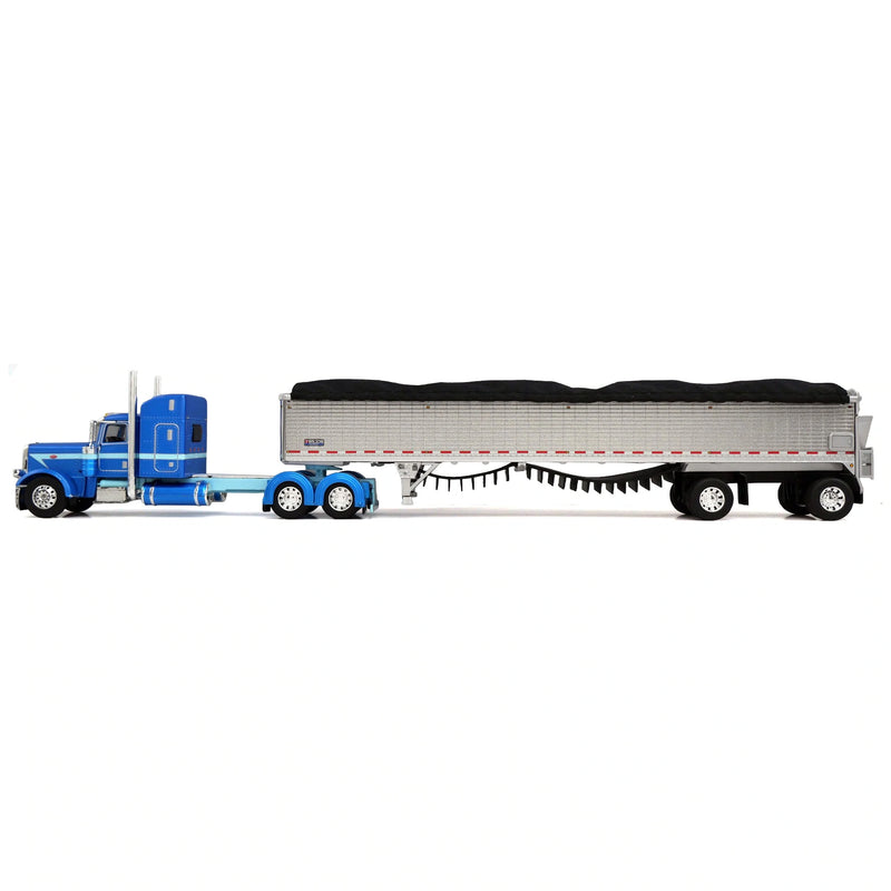 1/64 Peterbilt 389 with Semi Truck with Spread Axle Wilson Patriot Belt Trailer, Blue/Silver, DCP by First Gear