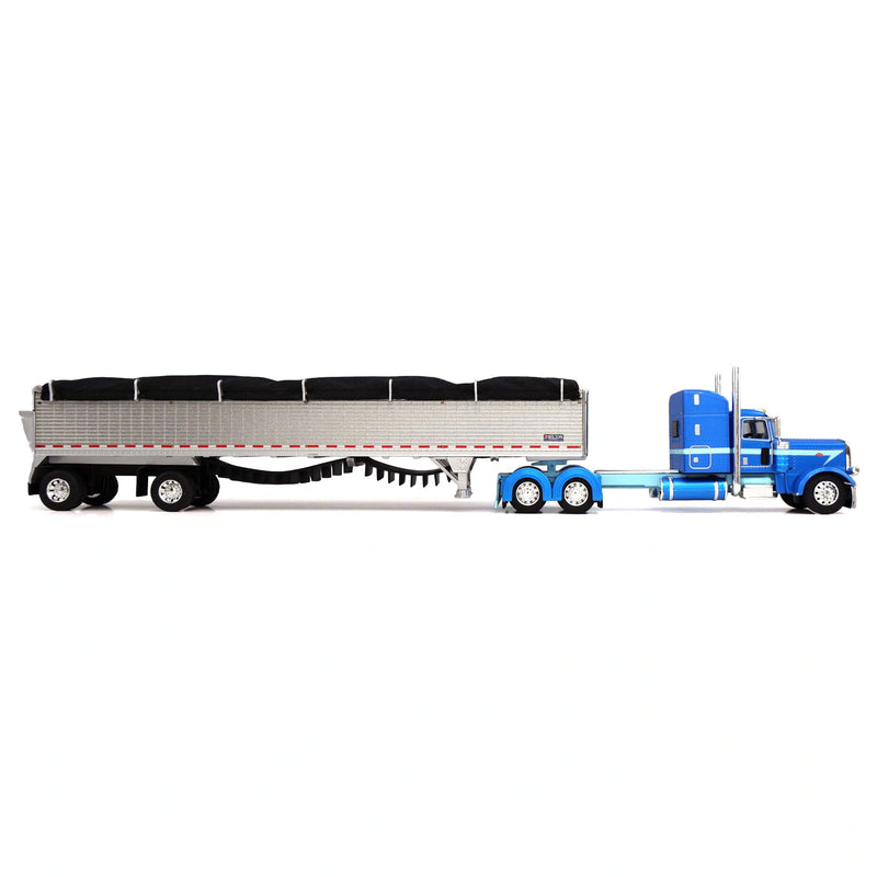 1/64 Peterbilt 389 with Semi Truck with Spread Axle Wilson Patriot Belt Trailer, Blue/Silver, DCP by First Gear