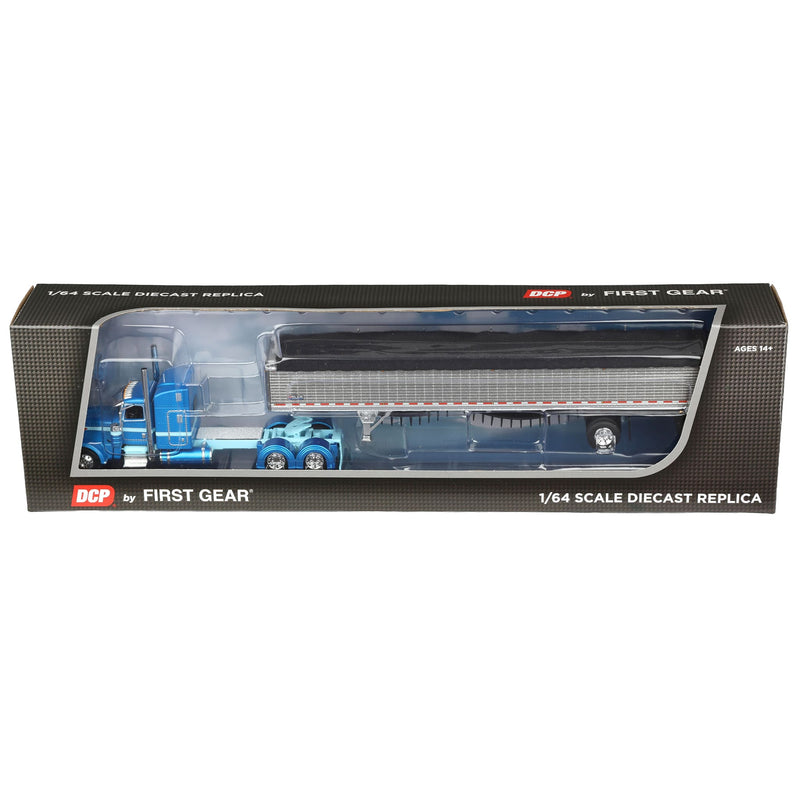 1/64 Peterbilt 389 with Semi Truck with Spread Axle Wilson Patriot Belt Trailer, Blue/Silver, DCP by First Gear