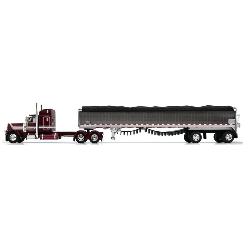 1/64 Peterbilt 389 Semi Truck with Spread Axle Wilson Patriot Belt Trailer, Red/Gunmetal, DCP by First Gear