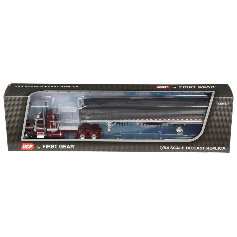 1/64 Peterbilt 389 Semi Truck with Spread Axle Wilson Patriot Belt Trailer, Red/Gunmetal, DCP by First Gear