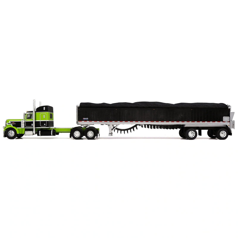 1/64 Peterbilt 389 Semi Truck with Spread Axle Wilson Patriot Belt Trailer, Green/Black, DCP by First Gear