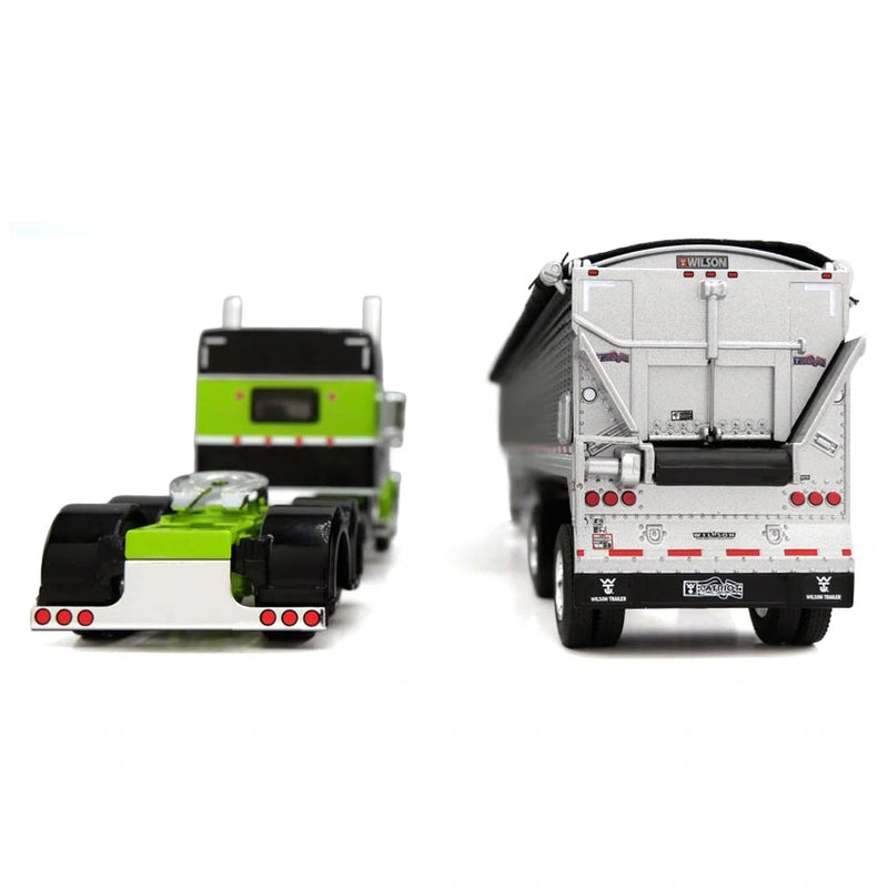 1/64 Peterbilt 389 Semi Truck with Spread Axle Wilson Patriot Belt Trailer, Green/Black, DCP by First Gear