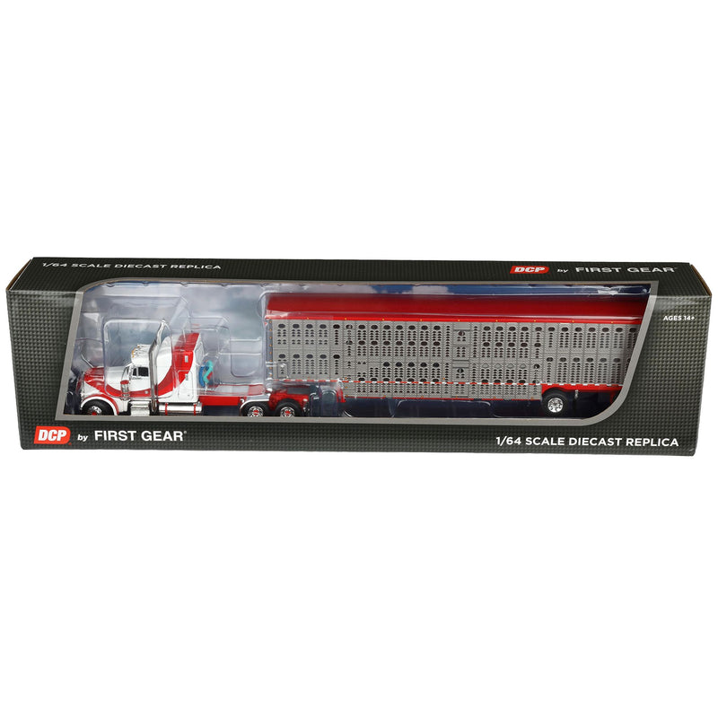 1/64 Peterbilt 379 Red/White with 63in Mid Roof Sleeper Cab with Wilson Silver Star Livestock Trailer, DCP by First Gear