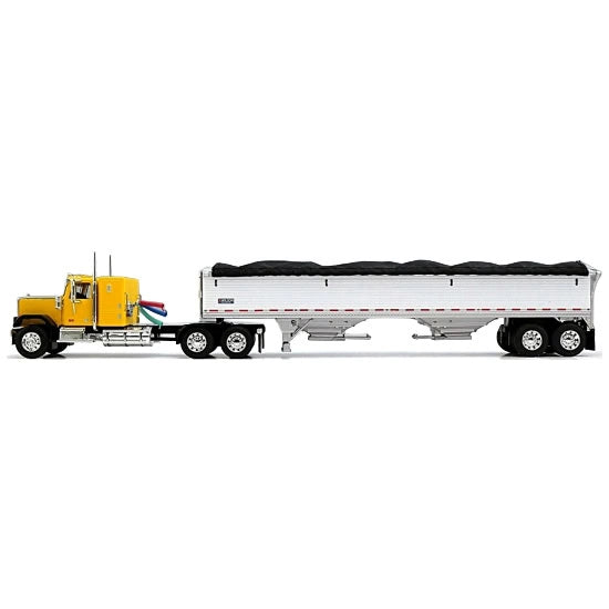 1/64 GMC General Semi Truck with Tandem Axle Wilson Pacesetter Grain Trailer, Yellow/White, DCP by First Gear