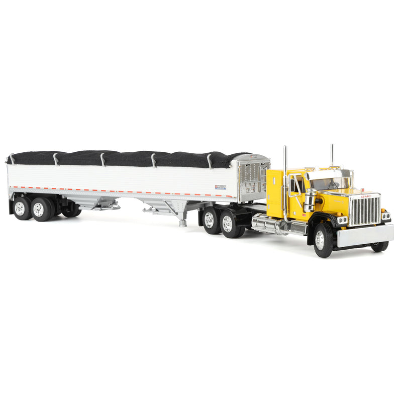 1/64 GMC General Semi Truck with Tandem Axle Wilson Pacesetter Grain Trailer, Yellow/White, DCP by First Gear