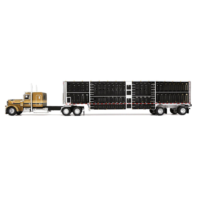 1/64 Peterbilt 389 Semi Truck with Spread Axle Wilson Livestock Trailer, Gold/Black, DCP by First Gear