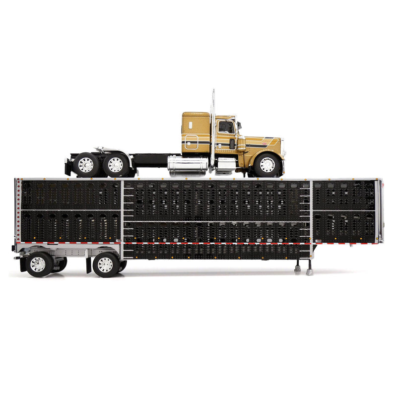 1/64 Peterbilt 389 Semi Truck with Spread Axle Wilson Livestock Trailer, Gold/Black, DCP by First Gear