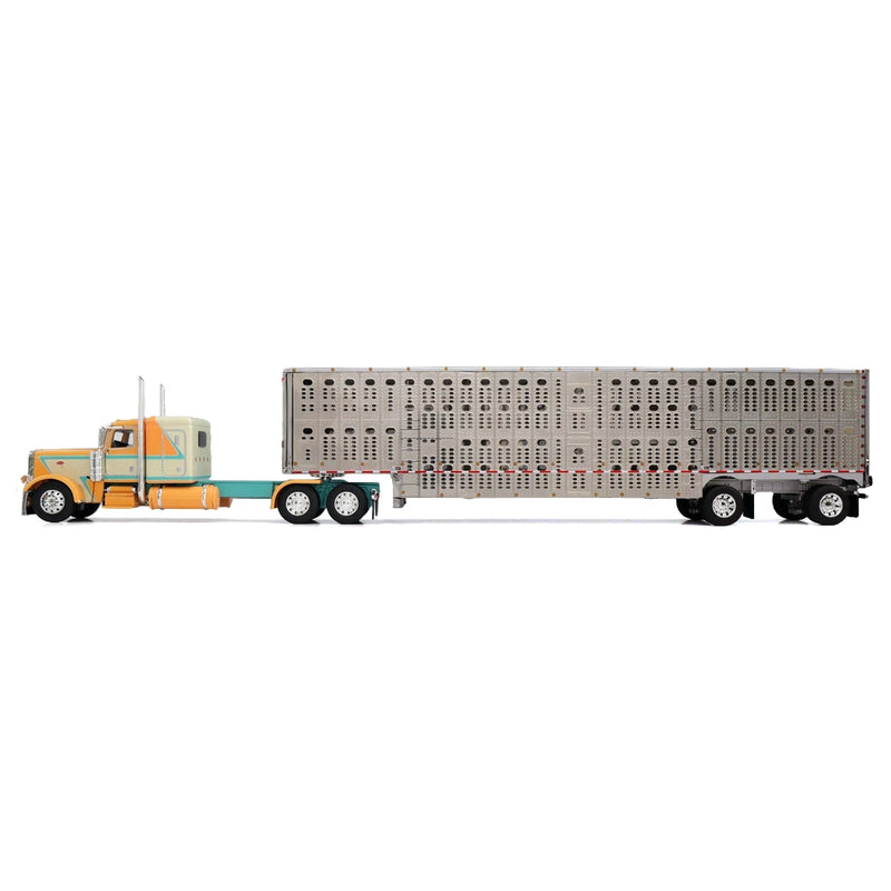 1/64 Peterbilt 389 Semi Truck with Wilson Spread-Axle Livestock Trailer, Peach & Teal, DCP by First Gear