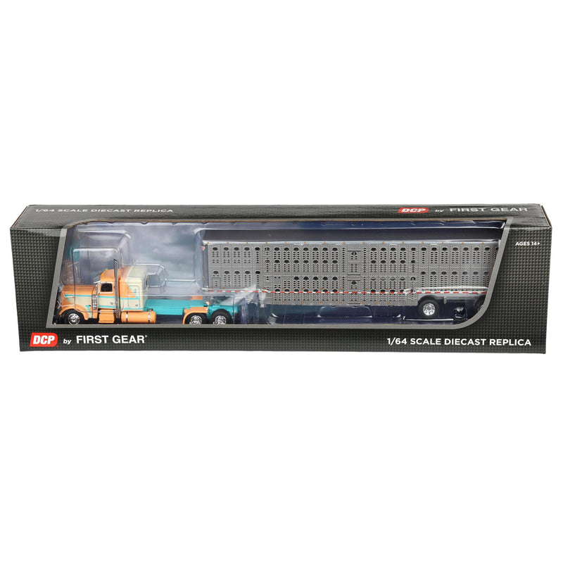 1/64 Peterbilt 389 Semi Truck with Wilson Spread-Axle Livestock Trailer, Peach & Teal, DCP by First Gear