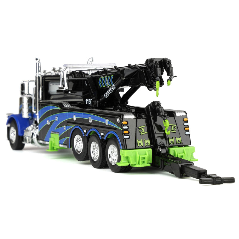 1/64 Peterbilt 389 Truck with Miller Century 1150 Rotator Wrecker, Black/Blue/Green, DCP by First Gear