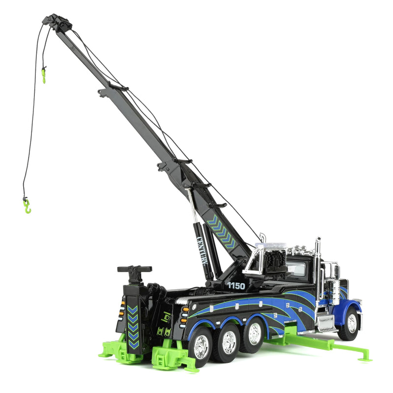 1/64 Peterbilt 389 Truck with Miller Century 1150 Rotator Wrecker, Black/Blue/Green, DCP by First Gear