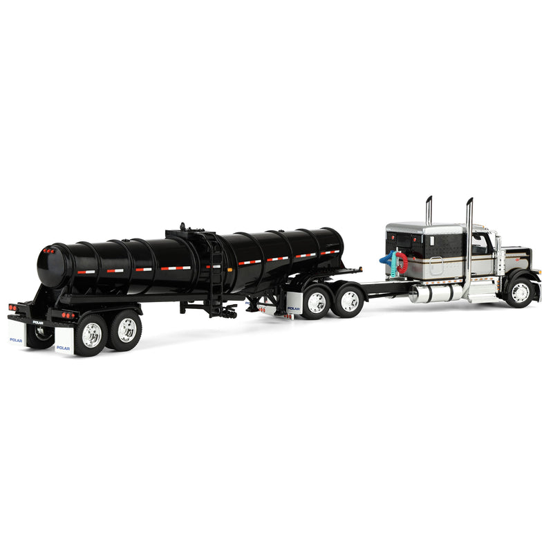 1/64 Black Peterbilt 589 Semi Truck with 63in Flat Top Sleeper Cab & Polar Deep Drop Trailer, DCP by First Gear