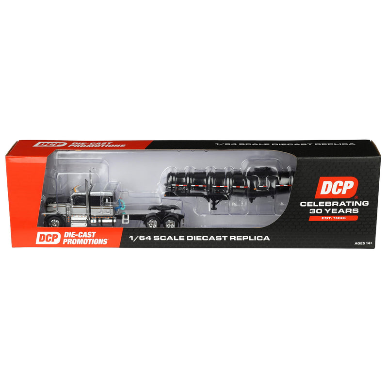 1/64 Black Peterbilt 589 Semi Truck with 63in Flat Top Sleeper Cab & Polar Deep Drop Trailer, DCP by First Gear