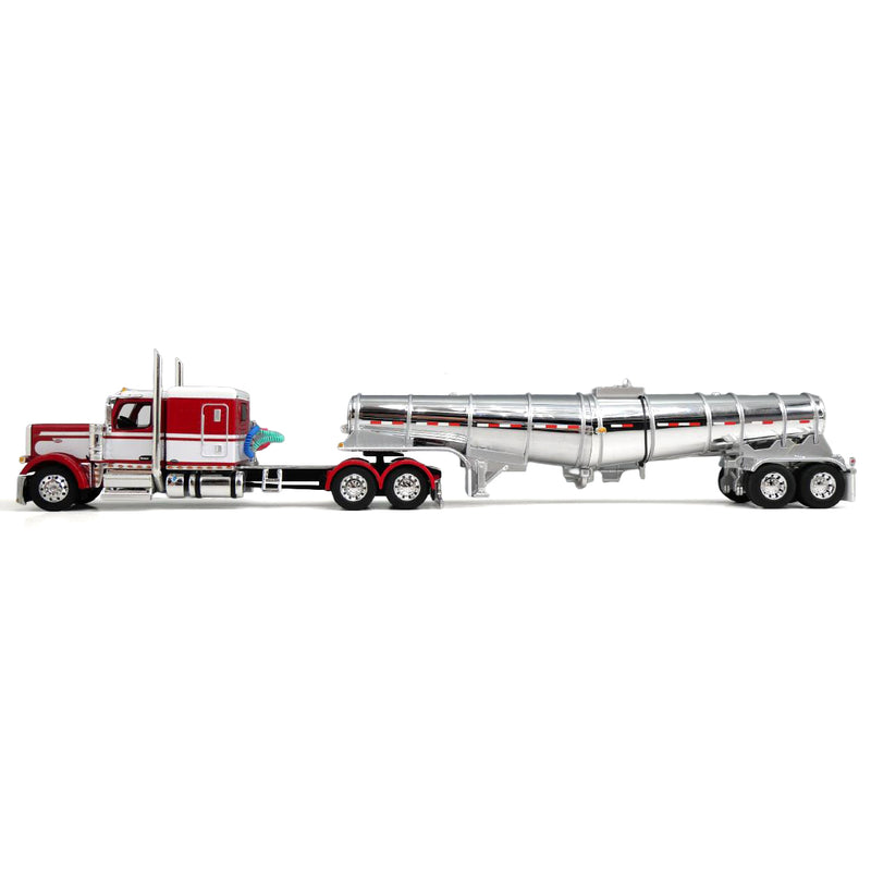 1/64 Red/White Peterbilt 589 Semi Truck with 63in Flat Top Sleeper Cab & Chrome Polar Deep Drop Trailer, DCP by First Gear