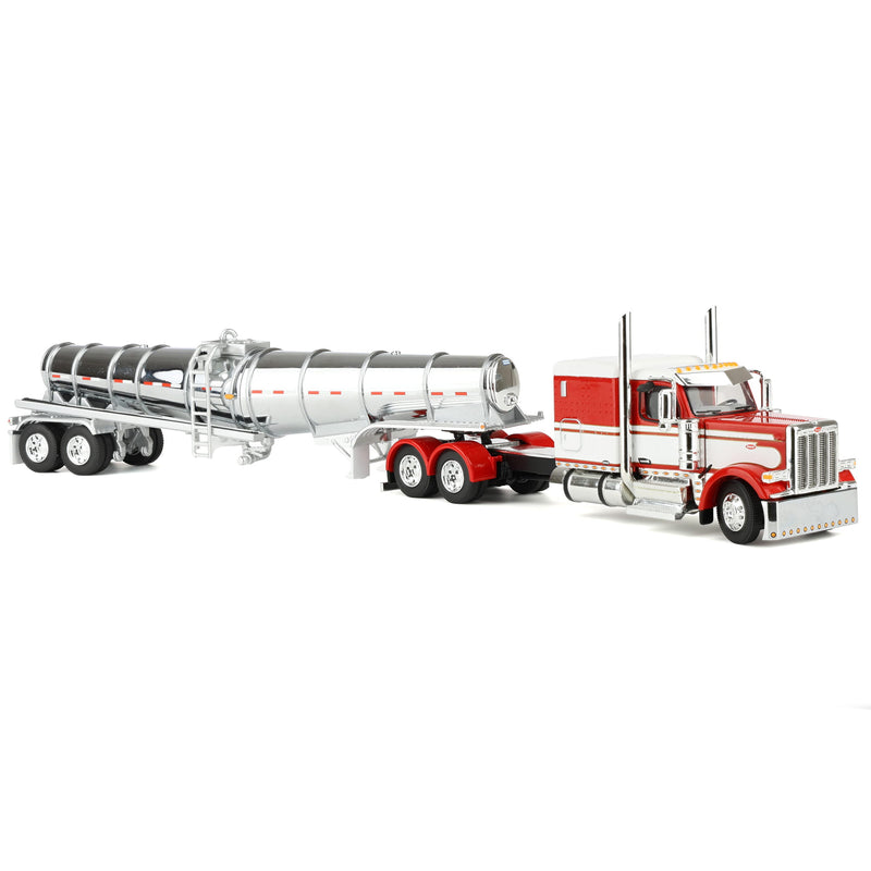 1/64 Red/White Peterbilt 589 Semi Truck with 63in Flat Top Sleeper Cab & Chrome Polar Deep Drop Trailer, DCP by First Gear