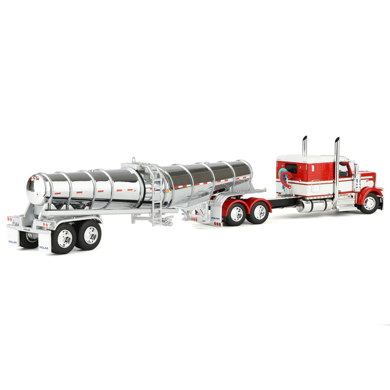 1/64 Red/White Peterbilt 589 Semi Truck with 63in Flat Top Sleeper Cab & Chrome Polar Deep Drop Trailer, DCP by First Gear