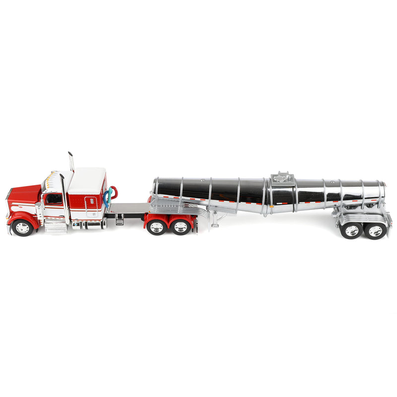 1/64 Red/White Peterbilt 589 Semi Truck with 63in Flat Top Sleeper Cab & Chrome Polar Deep Drop Trailer, DCP by First Gear