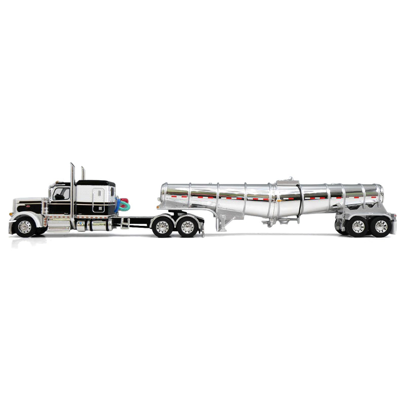 1/64 Black/White Peterbilt 589 Semi Truck with 63in Flat Top Sleeper Cab & Chrome Polar Deep Drop Trailer, DCP by First Gear