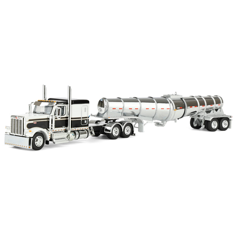 1/64 Black/White Peterbilt 589 Semi Truck with 63in Flat Top Sleeper Cab & Chrome Polar Deep Drop Trailer, DCP by First Gear