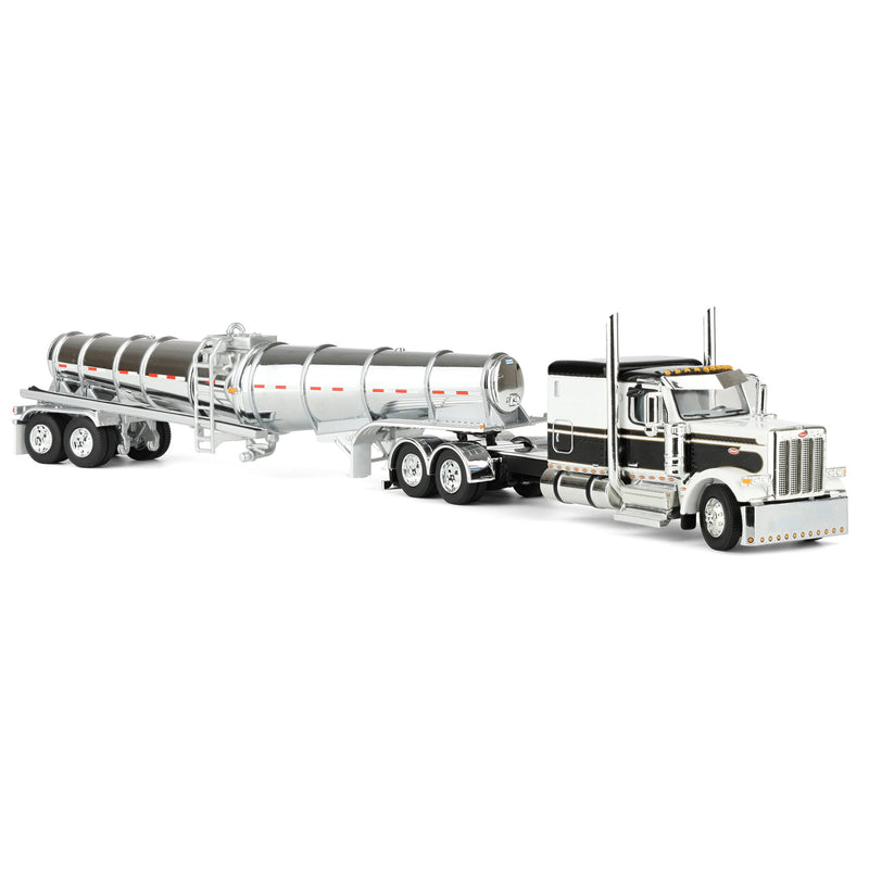 1/64 Black/White Peterbilt 589 Semi Truck with 63in Flat Top Sleeper Cab & Chrome Polar Deep Drop Trailer, DCP by First Gear