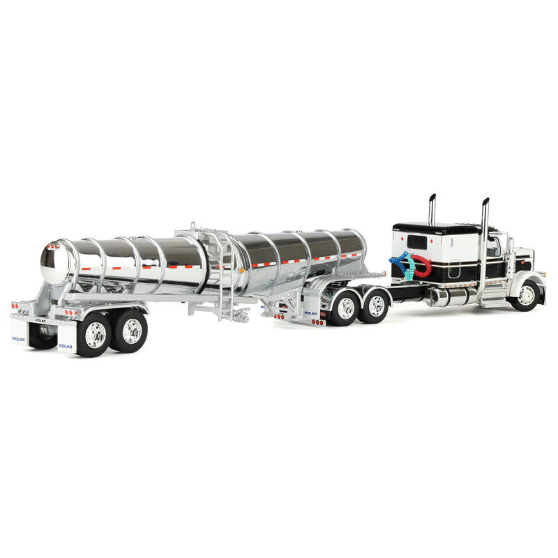 1/64 Black/White Peterbilt 589 Semi Truck with 63in Flat Top Sleeper Cab & Chrome Polar Deep Drop Trailer, DCP by First Gear