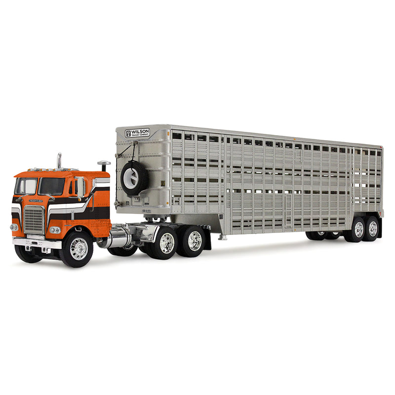 1/64 Freightliner COE Semi Truck with 45ft Wilson Vintage Livestock Trailer, Orange/Black, DCP by First Gear