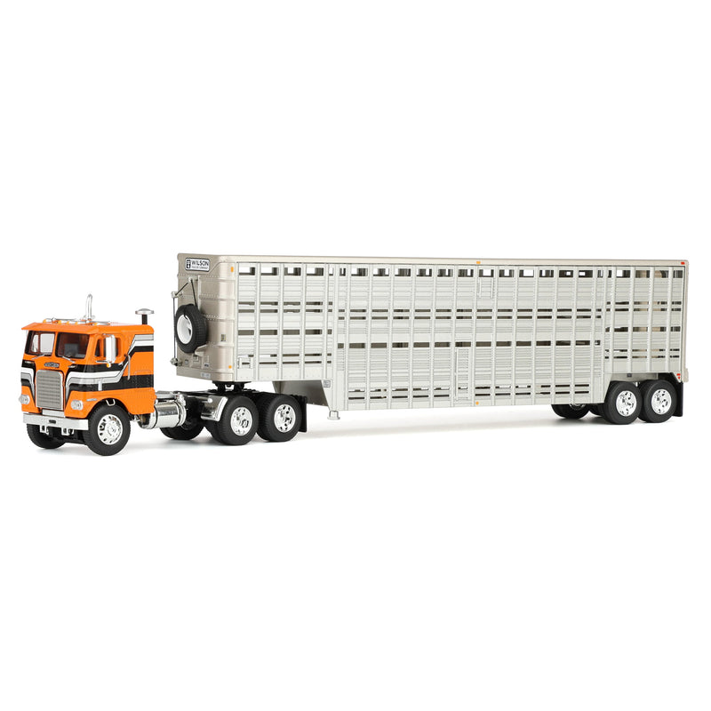 1/64 Freightliner COE Semi Truck with 45ft Wilson Vintage Livestock Trailer, Orange/Black, DCP by First Gear