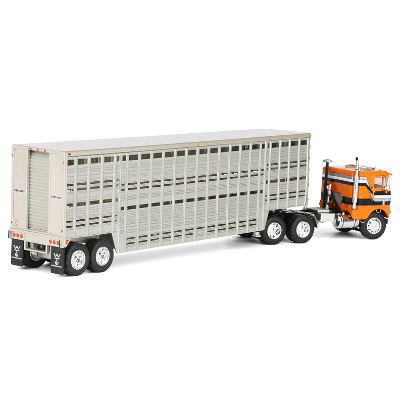 1/64 Freightliner COE Semi Truck with 45ft Wilson Vintage Livestock Trailer, Orange/Black, DCP by First Gear