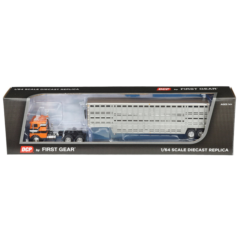 1/64 Freightliner COE Semi Truck with 45ft Wilson Vintage Livestock Trailer, Orange/Black, DCP by First Gear