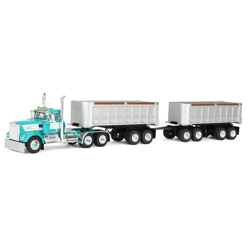 1/64 Kenworth W900A Semi Truck with Dual 22ft End Dump Trailers, Turquoise/White, DCP by First Gear