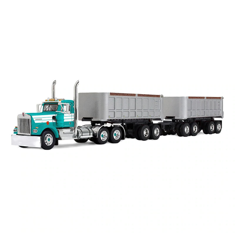 1/64 Kenworth W900A Semi Truck with Dual 22ft End Dump Trailers, Turquoise/White, DCP by First Gear