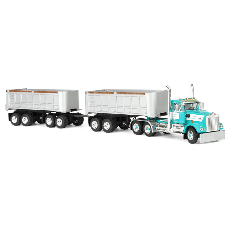 1/64 Kenworth W900A Semi Truck with Dual 22ft End Dump Trailers, Turquoise/White, DCP by First Gear