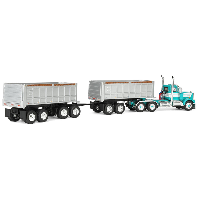 1/64 Kenworth W900A Semi Truck with Dual 22ft End Dump Trailers, Turquoise/White, DCP by First Gear