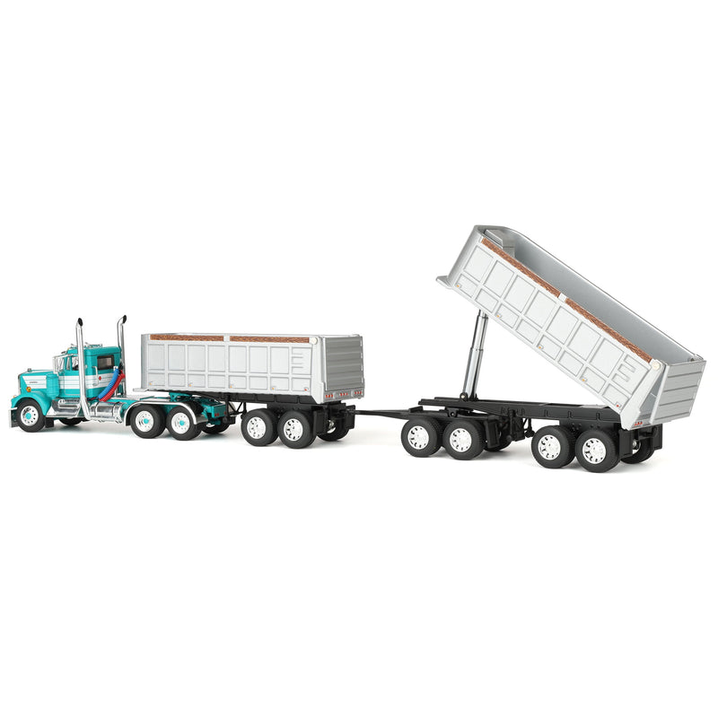 1/64 Kenworth W900A Semi Truck with Dual 22ft End Dump Trailers, Turquoise/White, DCP by First Gear