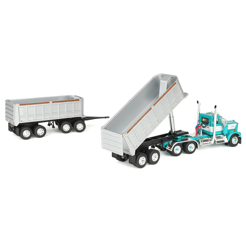 1/64 Kenworth W900A Semi Truck with Dual 22ft End Dump Trailers, Turquoise/White, DCP by First Gear