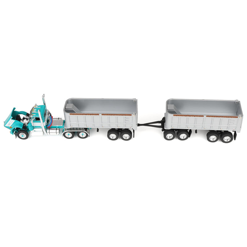 1/64 Kenworth W900A Semi Truck with Dual 22ft End Dump Trailers, Turquoise/White, DCP by First Gear