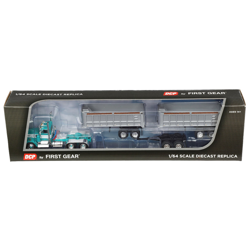 1/64 Kenworth W900A Semi Truck with Dual 22ft End Dump Trailers, Turquoise/White, DCP by First Gear