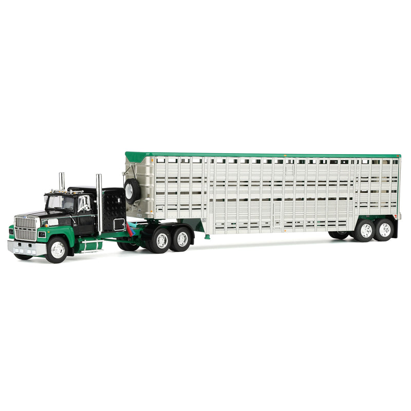 1/64 Ford LTL 9000 Semi Truck with 45ft Wilson Vintage Livestock Trailer, Black/Green, DCP by First Gear