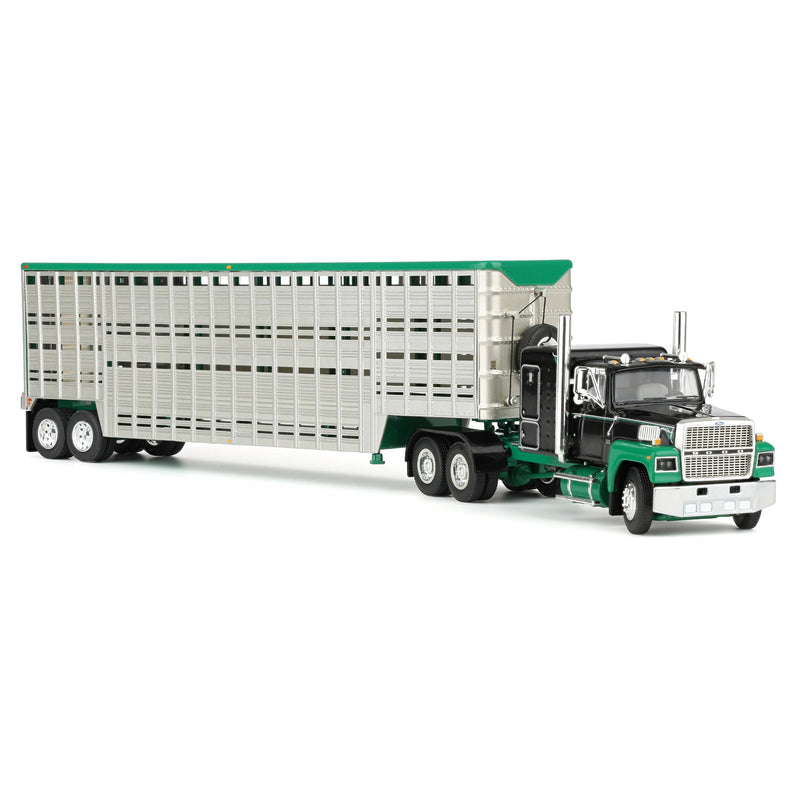 1/64 Ford LTL 9000 Semi Truck with 45ft Wilson Vintage Livestock Trailer, Black/Green, DCP by First Gear