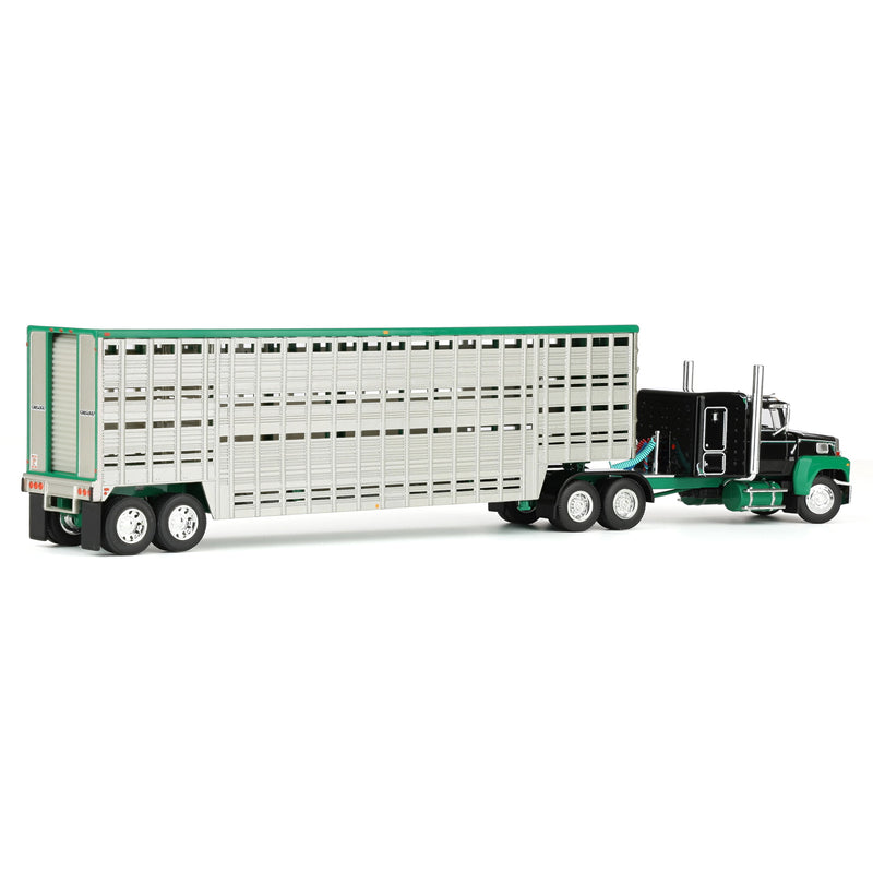1/64 Ford LTL 9000 Semi Truck with 45ft Wilson Vintage Livestock Trailer, Black/Green, DCP by First Gear