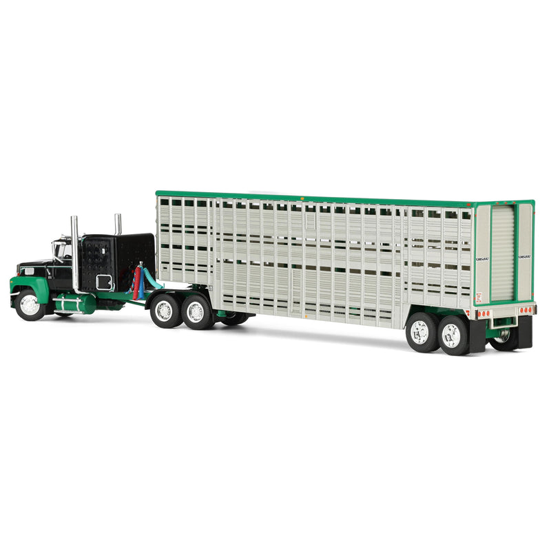 1/64 Ford LTL 9000 Semi Truck with 45ft Wilson Vintage Livestock Trailer, Black/Green, DCP by First Gear
