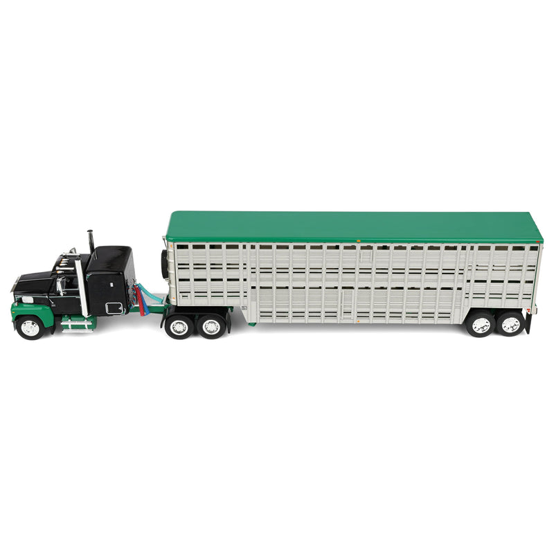 1/64 Ford LTL 9000 Semi Truck with 45ft Wilson Vintage Livestock Trailer, Black/Green, DCP by First Gear